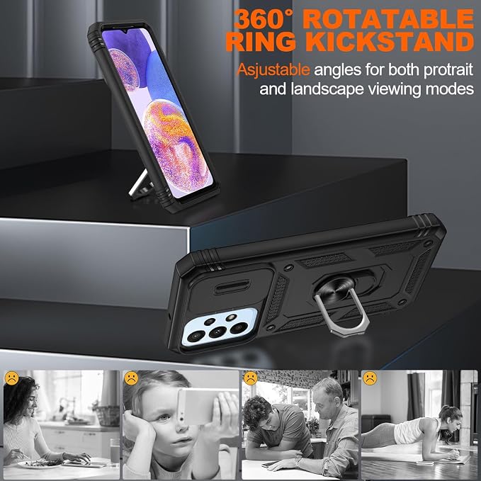 Gritup for Galaxy A23 5G Case Military-Grade Shockproof with Kickstand | (   ) with 2 PCS Screen Protector, Slide Camera Cover, Heavy Duty Funda para A 23 5G Cover, Black - Image 7