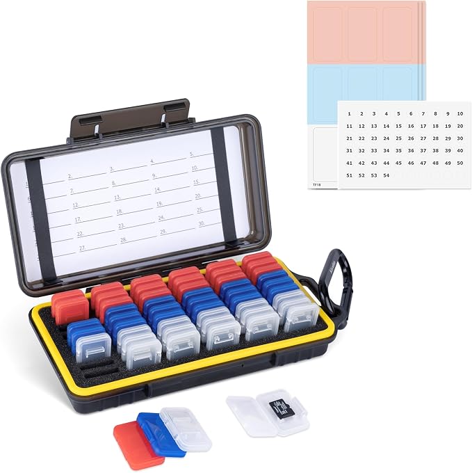 Dual Protect Micro SD Card Case with 54 PCS Clear Memory Card Holders | Water-Resistant Anti-Shock,with Labels & Carabiner,MicroSD MicroSDHC MicroSDXC Card Carrying Case,for 54 TF MSD Cards Storage by Kiorafoto