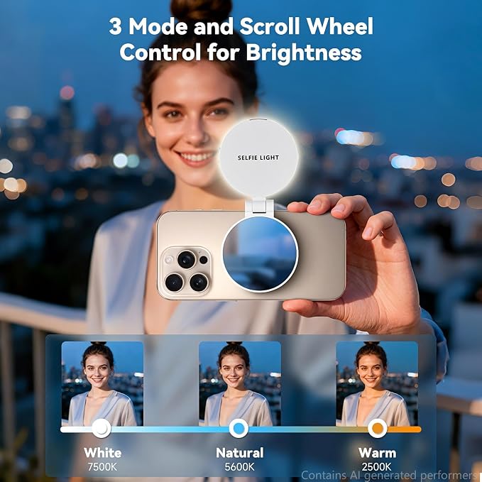 Portable Magnetic Led Selfie Light, Rechargeable Portable Ring Light for Phone, Selfie Ring Light with Mirror for Phone Folding Video Makeup Live Vlog Fill Light White - Image 2