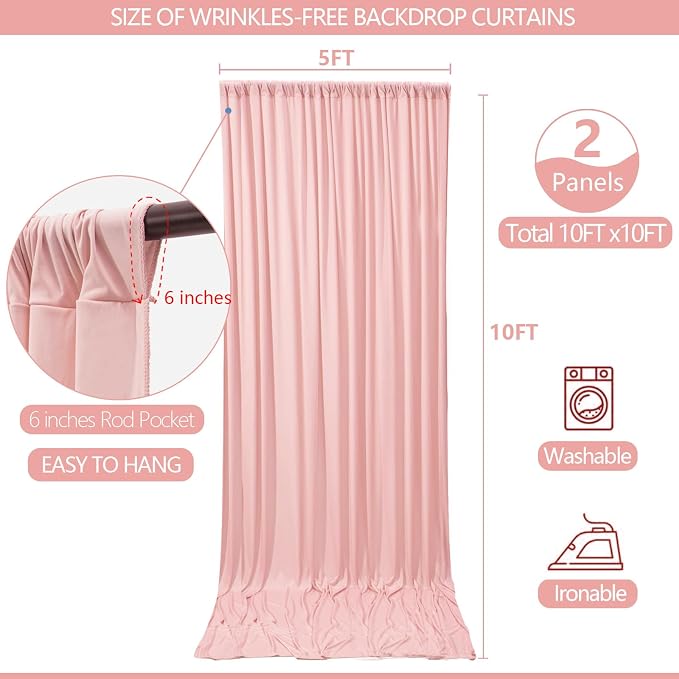 ESGOTBME 10x10ft Wrinkle Free Blush Pink Backdrop Curtain for Parties Soft Fabric Drapes Wedding Pink Curtain Backdrop for Birthday Party Decorations Background for Photography 5x10ft,2 Panels - Image 4