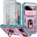 Case for Google Pixel 10 Pro XL/Pixel 9 Pro XL, with 3 Pcs Tempered Glass Screen Protector Built in Ring Stand Kickstand + Camera Cover, Hard PC Soft TPU Defender Full Body Protective Case -Pink/Green by Unknown