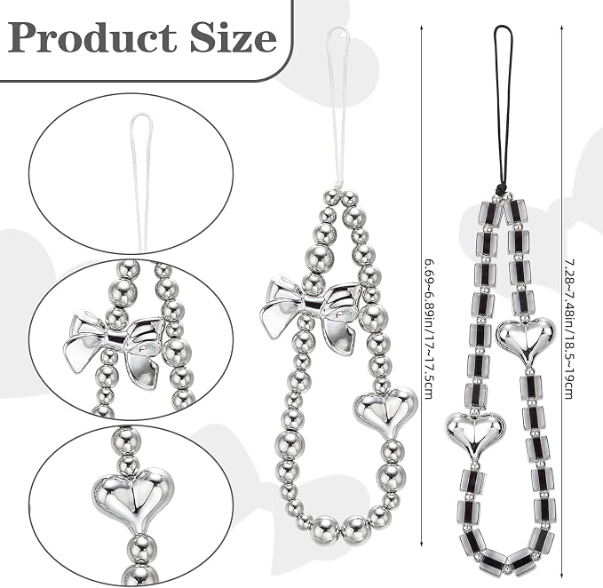 BEEFLYING Heart Beaded Phone Charm Wrist Strap for Case, Grey, 2 Pcs | Acrylic Cell Phone Chain with Bowknot Heart, for Bag Keychain Camera Wallet - Image 2