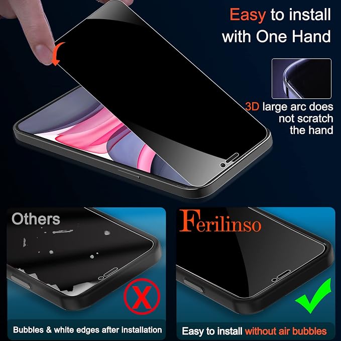 Ferilinso 2 Pack Privacy Screen Protector for iPhone 11, Tempered Glass | 9H+ Hardness, Military-Grade Shatterproof, Case Friendly, Easy Installation Bubble Free, with Camera Lens Protectors - Image 4
