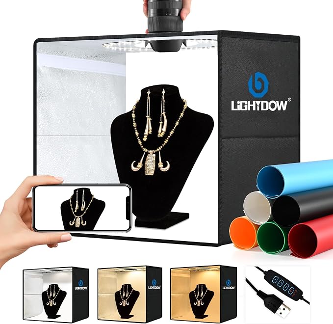 Lightdow 16"x16"x12" Photo Studio Light Box Photography with 120 LEDs (CRI>95), 6 Backdrops - Portable/Dimmable/Versatile Folding Shooting Tents for Toys/Jewelry/Watches/Cosmetics Photography by Lightdow