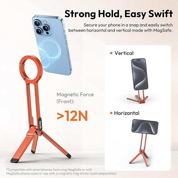 ULANZI MA30 Magnetic Phone Tripod Stand for iPhone - Aluminium Maglock Smartphone Mini Tripod Pocket Cell Phone Stand Strong Magnet Quick Mount Compatible with iPhone 17 16 15 14 13 12 Series, Orange - Image 5