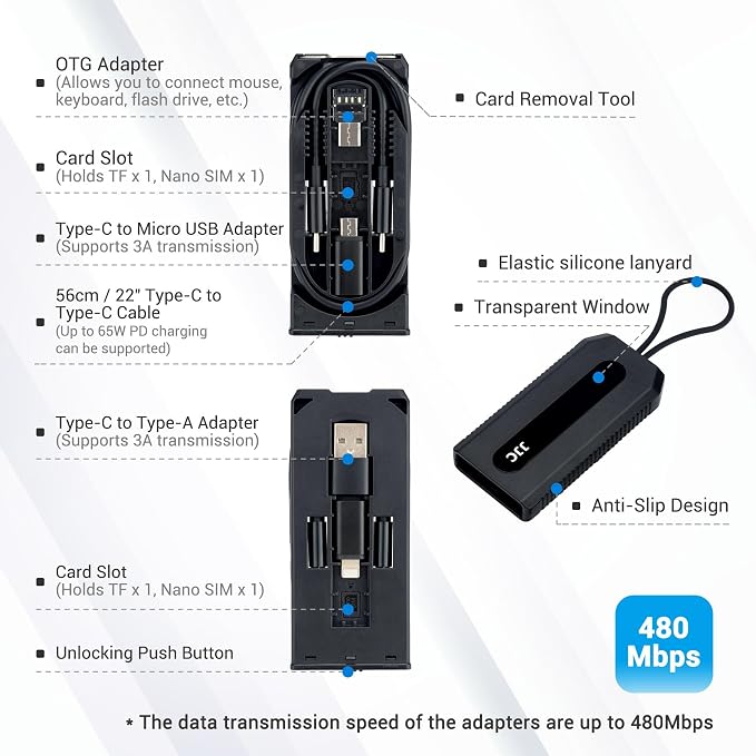 JJC Mulit-Functional Type-C Charging & Data Transfer Cable with USB C to Micro USB/USB A/USB 3.0 OTG Adapter Converter Kit for Outdoor Travel Cell Phone Charge Laptop PC Data Transfer - Image 4