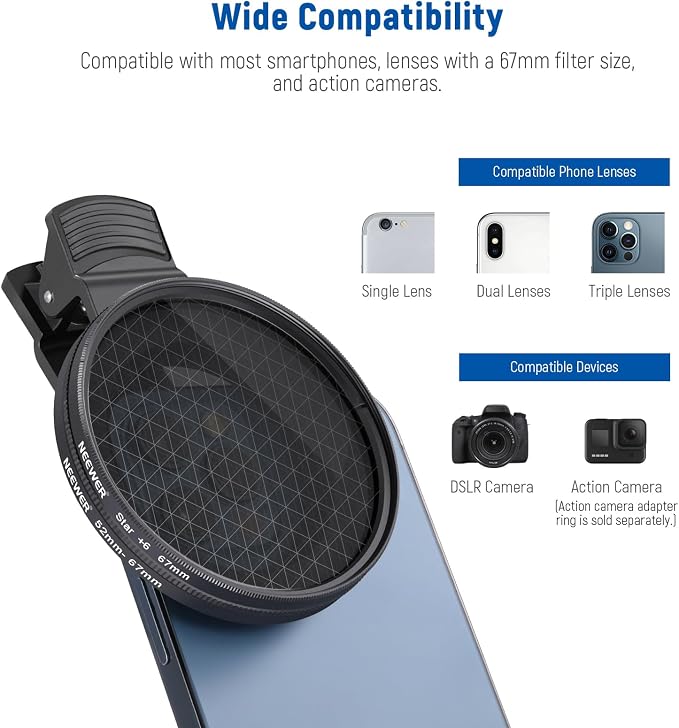 NEEWER 67mm ND + CPL + Star + 4 Graduated Color Filter Set with Phone Lens Clamp Compatible with iPhone 17 16 16e 15 14 Pro Max Plus Android Samsung S25 Ultra - Image 5