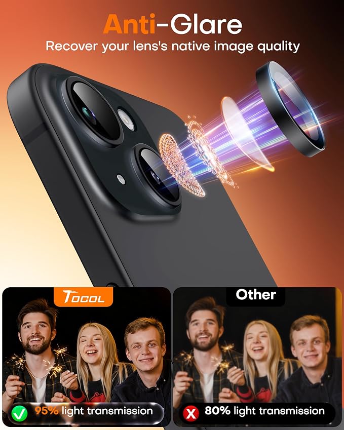 TOCOL Camera Lens Protector for iPhone 15 / iPhone 15 Plus Tempered Glass HD Individual Scratch Resistant Camera Cover Accessories Case Friendly 2 Pack（Black） - Image 6