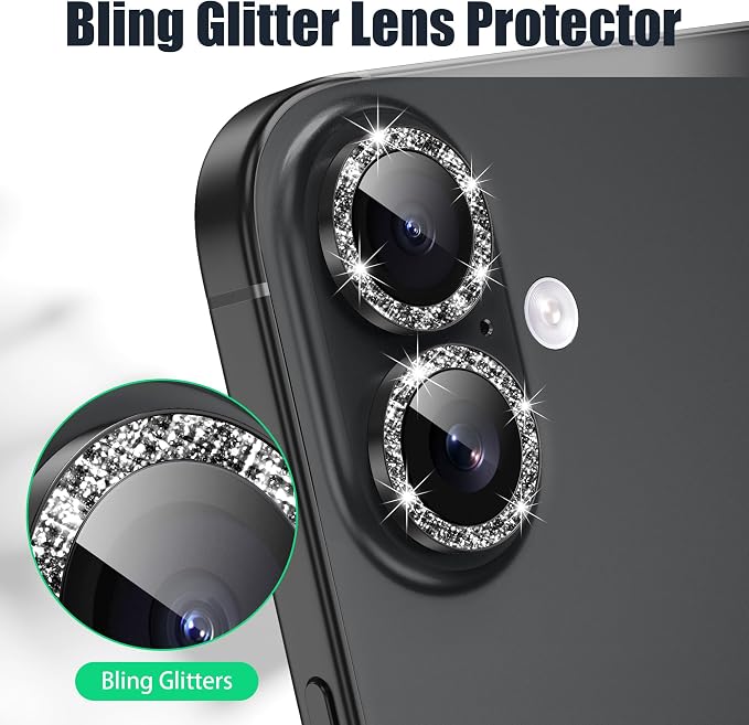 AGVEE 3+3 6 Pack for iPhone 16/16 Plus Camera Lens Protector Cover | Individual Bling Diamond & Bling Glitter Sparkle Cute Gem Metal Ring, 9H Tempered HD Glass - Image 5
