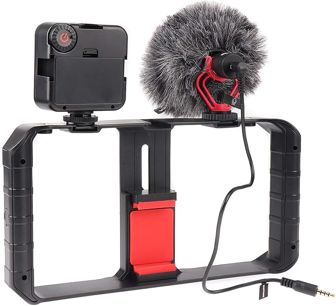 FocusFoto PRO U-Rig Smartphone Video Camera Cage Mount Holder Stabilizer Handle Grip with BOYA by-MM1 Microphone Mic+ 49 LED Light+ Mini Tripod Kit for Mobile Phone iPhone Filmmaking Videomaker - Image 8