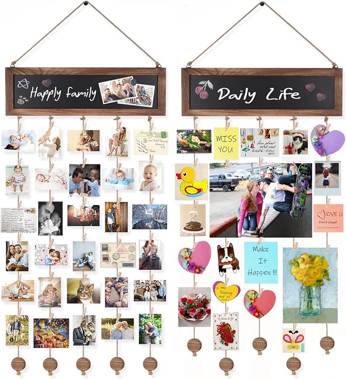 Bikoney 2-Pack Hanging Photo Display with Blackboard - Carbonized Black | Rustic Wood Collage Picture Frame with 60 Clips, Polaroid Board for Wall Decor, Dorm & Party, Perfect Graduation Gift by Bikoney