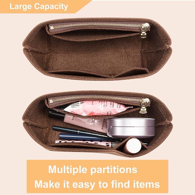 Doxo Small Purse Organizer Insert for Handbags, Felt Neverfull BB Organizer Insert,Mini Tote Bag Organizer with Zipper Pocket, Fit Neverfull BB Longchamp Xtra Energy S and More, Brown-XS - Image 5