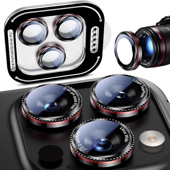 Uyiton for iPhone 17/16/15/14 (Pro Max & Pro) Camera Lens Protector | Unique Lines Text Design, Case-Friendly, Military-Grade Sapphire Glass Metal Camera, Easy to Install, Gearwheel Black+Red by Uyiton