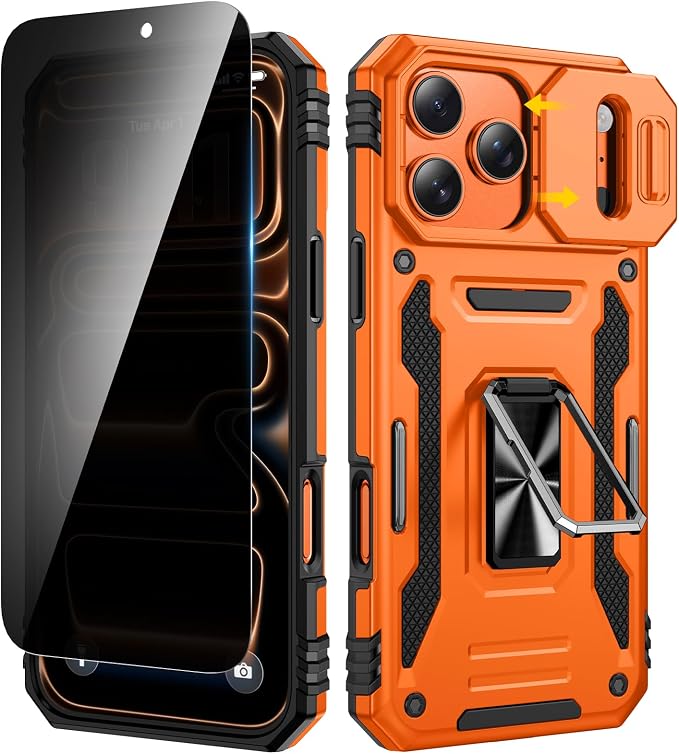 VEGO for iPhone 17 Pro Max Case with Slide Camera Cover and Kickstand | Privacy Tempered Glass Screen Protector & Ring Kickstand Military Grade Protection Cover for iPhone 17 ProMax - Orange by VEGO