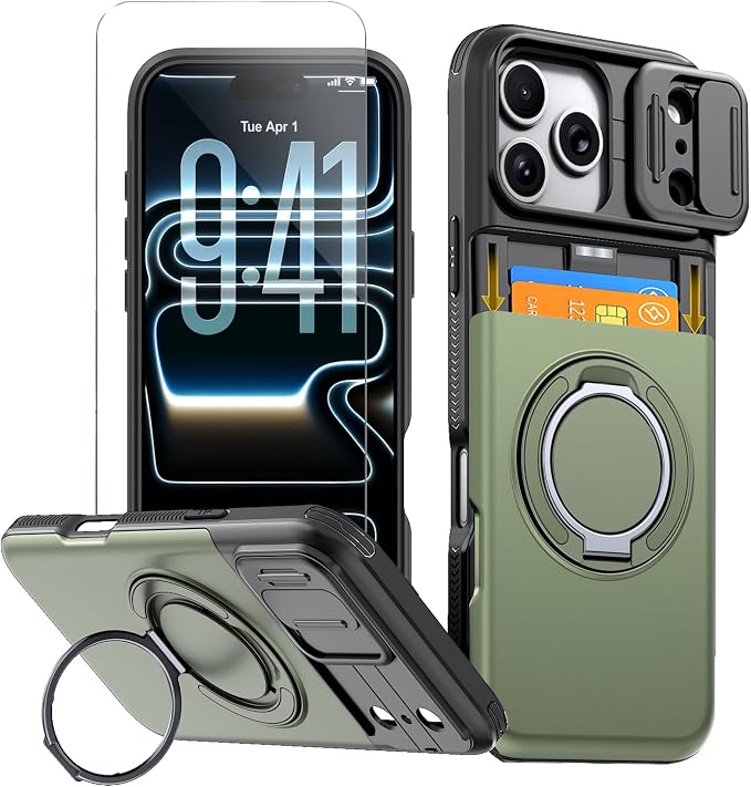 for iPhone 17 Pro Wallet Case with Card Holder Slide Camera Cover Ring Stand Kickstand Heavy Duty Protective Case with Screen Protector for iPhone 17 Pro (Deep Green) by Benbenjaytek