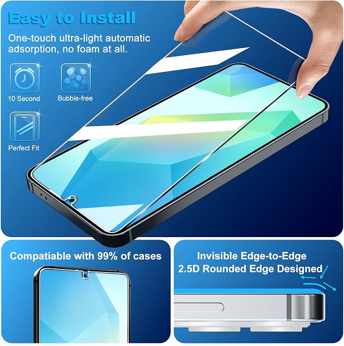 firtstnow 3 Pack for Samsung Galaxy A16 5G Screen Protector Tempered Glass + 3 Pack Camera Lens Protector, Military Grade Shatterproof, 9H Hardness, Fingerprint Unlock, Case Friendly 6.7 Inch - Image 4