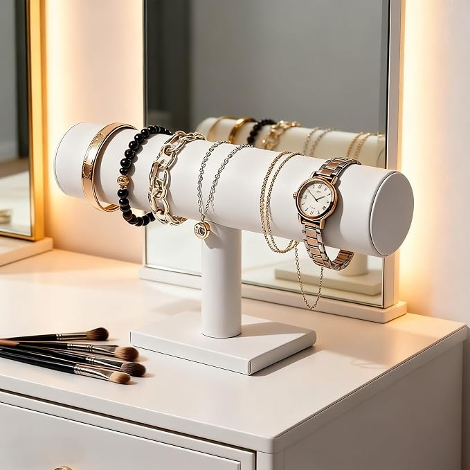 TENINYU Hovering T-Bar Bracelet Necklace Earring Bangle Pendants Anklet Tower Watch Key Jewelry Display Stand for Home Organization (White Leatherette) - Image 5