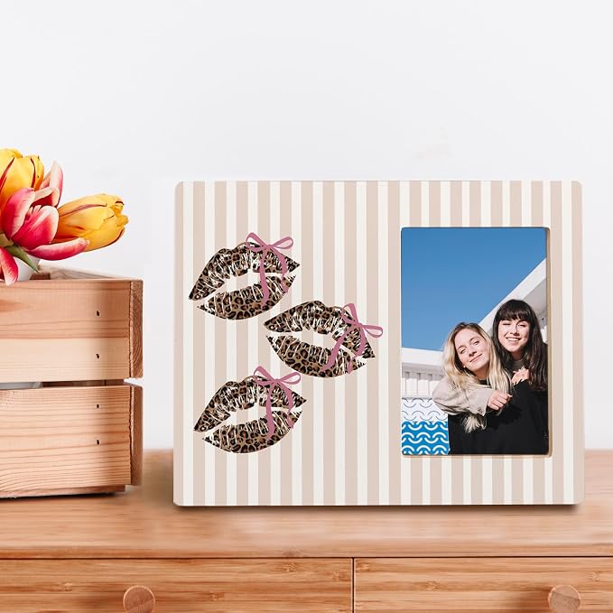 kunlisa Coquette Pink Bow Leopard Print Lips Picture Frame 4x6, Preppy Neutral Striped Cheetah Lips Picture Photo Frame for Home Girls Room Dorm Apartment Tabletop Desk Shelf Wall Decoration - Image 3