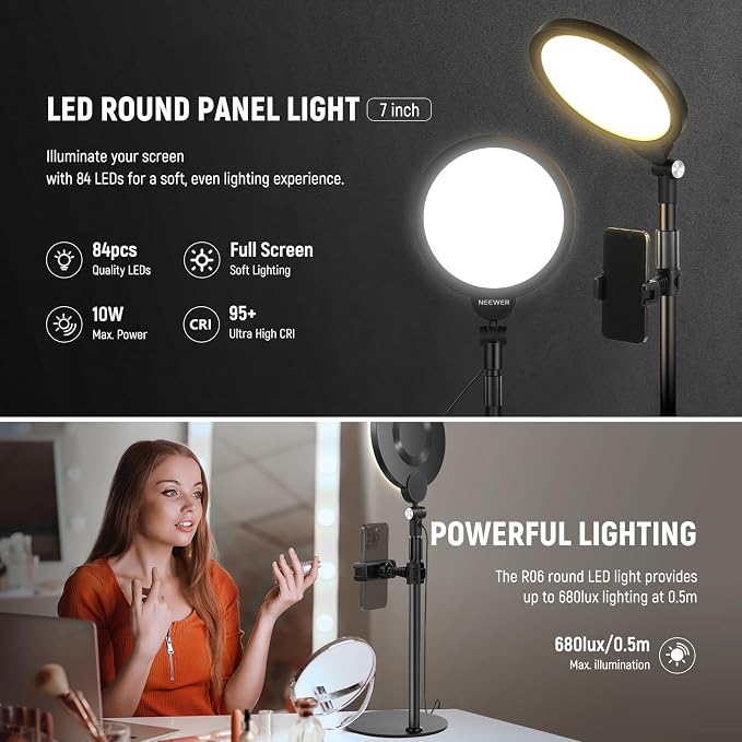 NEEWER Basics 7" Desk Ring Light for Video Recording, 10W Dimmable, R06 | Full Screen Key Lighting, Stand, Phone Holder for iPhone, Computer, Laptop, Vlog, Live Streaming, Video Conference Lighting - Image 2