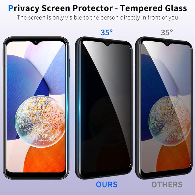 [2+2 Pack] Privacy Screen Protector for Samsung Galaxy A14 5G with Camera Lens Protector, Anti-Spy Tempered Glass Film, Full Coverage, Anti-Scratch, Bubble Free, Case Friendly, Easy Installation - Image 2