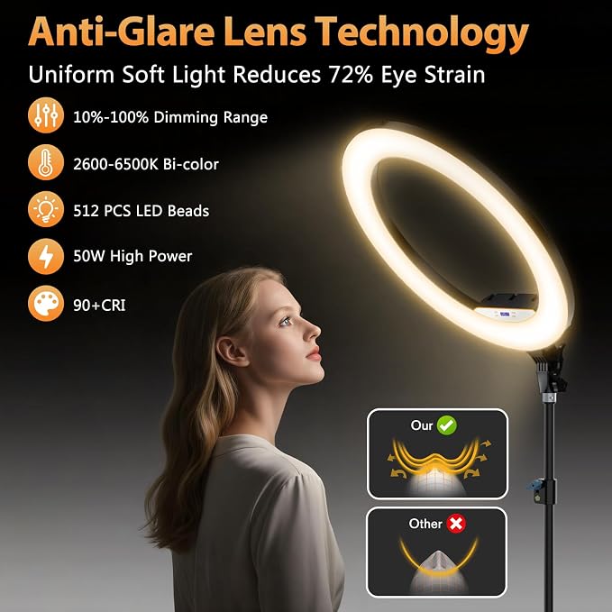 MACTREM Large 22" Ring Light with Stand, 75" Tripod for iPad iPhone Barber | Professional 50W 6500K CRI90+ LED, LCD Display, 2 USB Ports, for TikTok YouTube Makeup Tattoo Photography Video Studio - Image 7