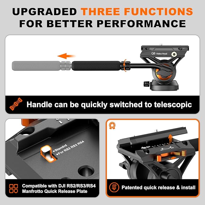 Professional Camera Monopod with Feet, 73.2 inch Aluminum Portable Travel Video Monopod with Removable Tripod Stand Base, Max Load 22 Lbs, New Q6 Fluid Head for DJI RS4 Manfrotto, KX3232Q6 - Image 2