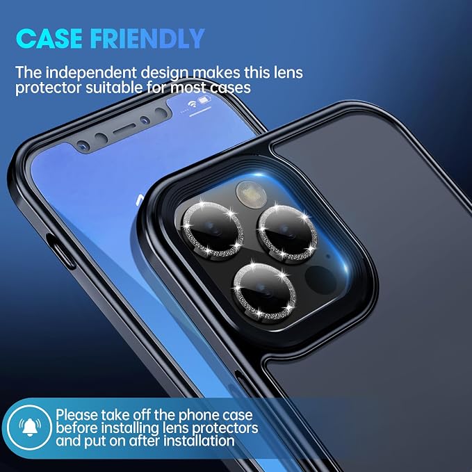 for iPhone 15 Pro/15 Pro Max Camera Lens Protector Glitter, Black | Individual Metal, 9H Hardness, Scratch Resistant, Shockproof, Drop Protection, Case Friendly, Stylish Accessories - Image 5