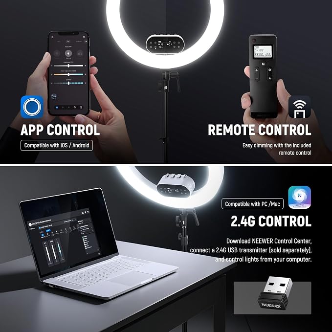 NEEWER 19" 100W High Power LED Ring Light with Tripod Stand & 3 Phone Holders Compatible with iPhone, 2900-7000K CRI97+ App&2.4G Control Lighting for Selfie Video Recording Makeup Streaming, RH100B | 100W 19-inch LED ring light with 2900K-7000K CCT and... - Image 5
