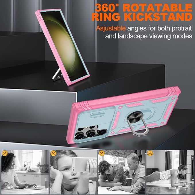 Gritup for Samsung Galaxy S23 Ultra Case with 2PCS Screen Protector, Build in 360° Rotating Ring Kickstand, Military Grade Protective Case for S23 Ultra Phone, Green+Pink - Image 8