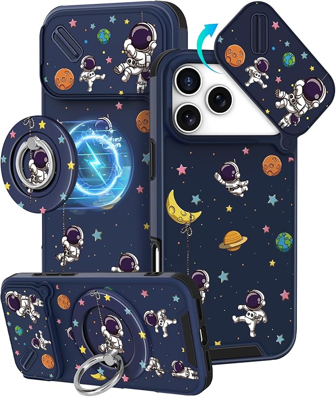 Buleens for iPhone 17 Pro Case 6.3 Inch - with Ring Stand & Camera Cover Aesthetic Cute Designed for Women Girls Girly Cartoon Astronaut Teens Phone Case for iPhone 17 Pro Compatible with Magsafe by Buleens