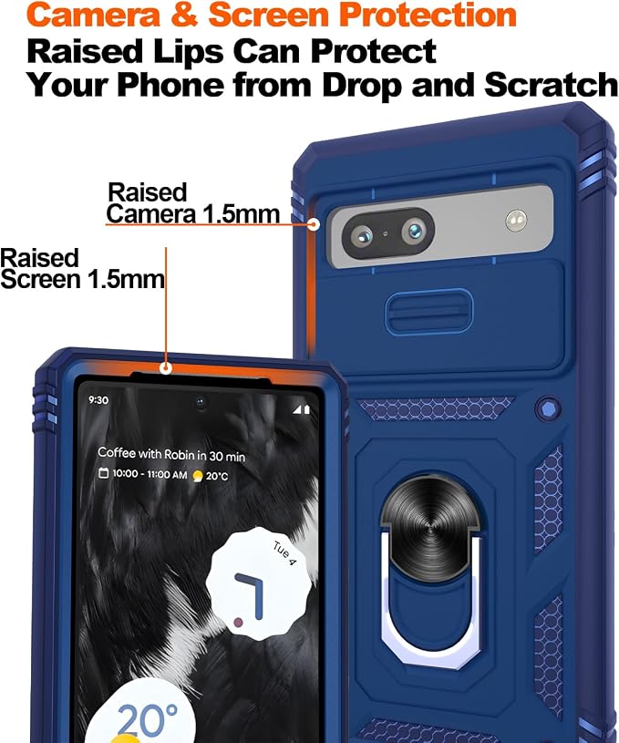 for Google Pixel 7A Case with Slide Camera Cover & Screen Protector*2, Pixel 7A Case Build in 360° Rotating Ring Kickstand, Military Grade Protective Case for Google Pixel 7A Phone Case, Blue - Image 5
