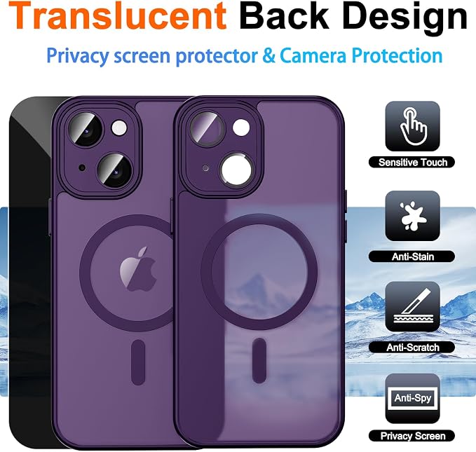 for iPhone 15 Case with Privacy Screen Protector, Purple | Full Camera Protection, Translucent Matte Magnetic, Compatible with MagSafe, Shockproof Phone Cover, Slim Fit Women/Girls - Image 2