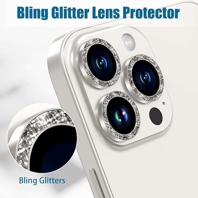 AGVEE 3+3 6 Pack for iPhone 15 Pro & Max Camera Lens Protector Cover | Individual Bling Diamond & Bling Glitter Sparkle Cute Gem Metal Ring, 9H Tempered HD Glass - Image 5