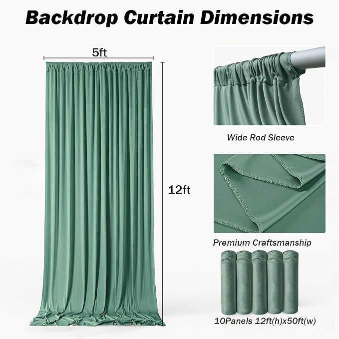 50x12 ft Sage Green Backdrop Curtains for Weddings, Birthdays and Photos | 10 Panels 5x12 ft, Wrinkle-Free Polyester Drapes, Washable, Ironable, 4 in Rod Pocket for Baby Showers Photography Background - Image 6
