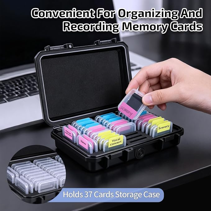 37-Slot SD Card Holder, Water-Resistant Camera Memory Card Case | SD Card Organizer with 37 Transparent Cases and 60 Visual Notes, Anti-Shock Storage for Cards - Image 3