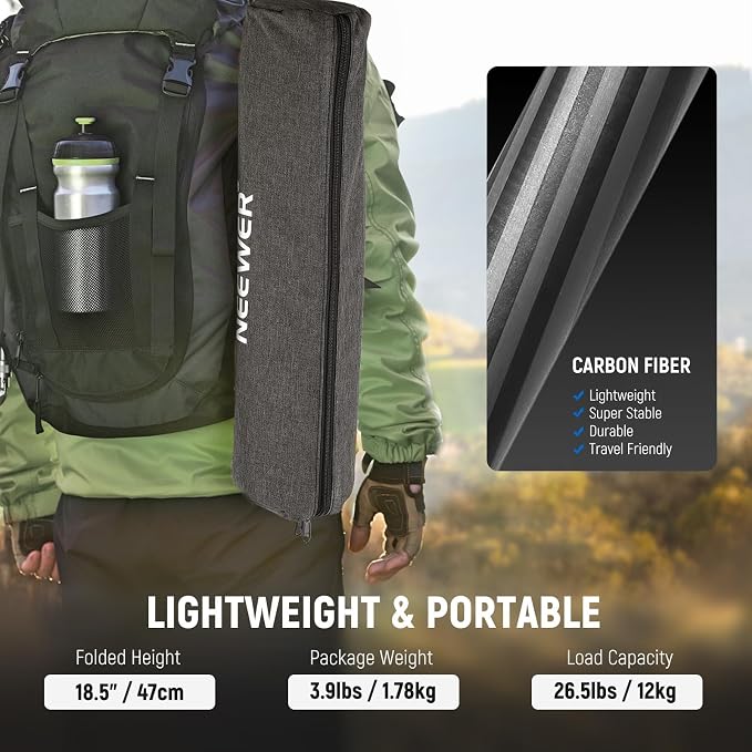 NEEWER 66"/168cm Carbon Fiber Camera Tripod with 360° Ball Head, N55C | Panorama, 1/4" Arca QR Plate, Portable Bag, Compact Travel Tripod Monopod for DSLR Video Camcorder, Max Load 26.5lb/12kg - Image 8