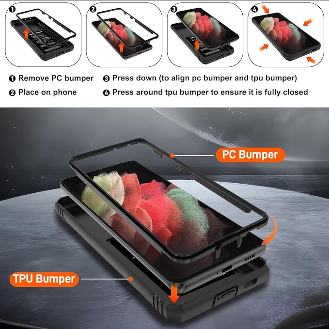 Gritup for Samsung Galaxy S21 Ultra Case with 2PCS Screen Protector, Build in 360° Rotating Ring Kickstand, Military Grade Protective Case for Galaxy S21 Ultra 5G Phone, Black - Image 4