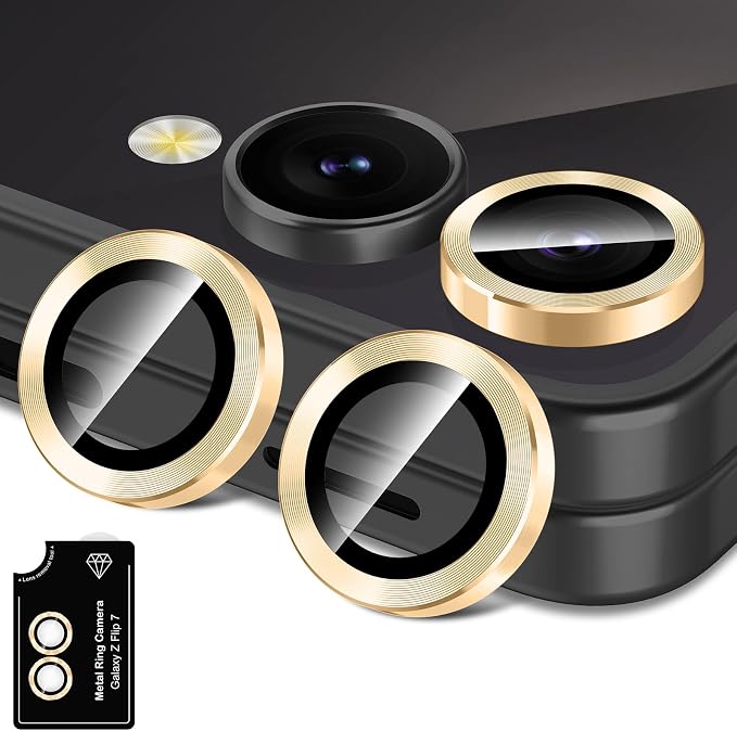 for Samsung Galaxy Z Flip 7 Camera Lens Protector, Individual Metal Ring Tempered Glass Lens Cover, [Strong Adsorption] Scratch Resistant Ultra-Thin HD Clear Lens Cover, 1 Set-Gold by Btscase