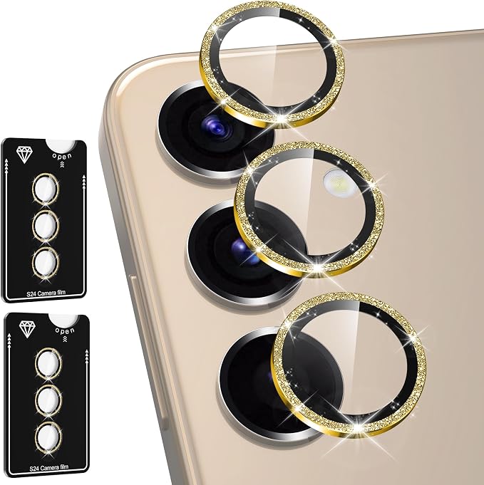 for Samsung Galaxy S24 Camera Lens Protector, Individual Metal Ring Tempered Glass Lens Cover, [Strong Adsorption] Scratch Resistant Ultra-Thin HD Clear Lens Cover, 2 Set-Gold Sparkly by Btscase