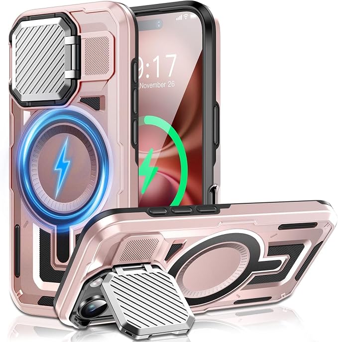 Camera Stand Case for iPhone 16 Plus, [Compatible with Mag Safe] [Lens Cover] 2024 Version Military Grade Protective Soft Case for iPhone 16 Plus 6.7 inch Men Women,Pink by WASTROYAL