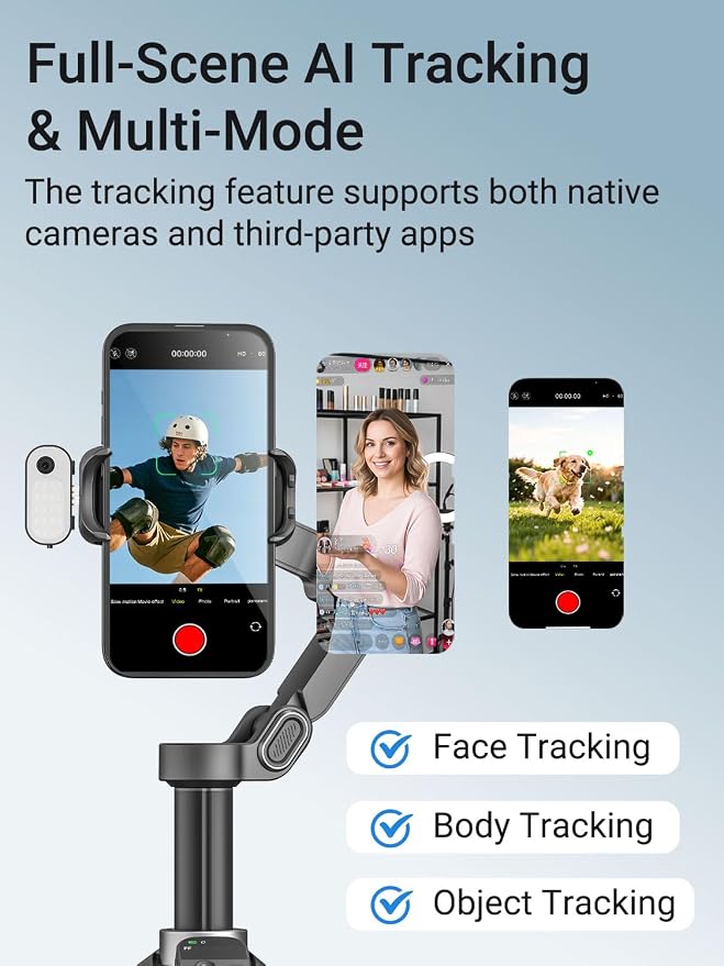 AOCHUAN AI Face Tracker Gimbal Stabilizer for iPhone w/Magnetic Remote | 360° Pan Rotation 3-Axis Gimbal for iPhone, Stabilizer w/Light, Built-in Extension Rod & One-Touch Open Tripod, Volg, Sport - Image 8