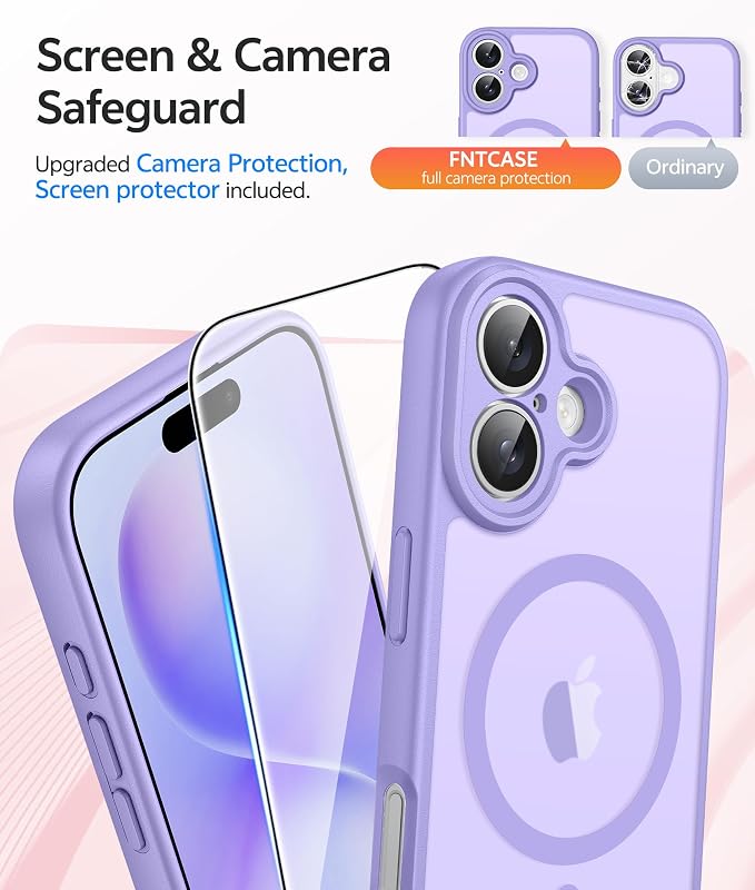 FNTCASE for iPhone 16 Plus Case, Fit for Magsafe, Screen Protector | Full Camera Protection, Translucent Matte, 14FT Military Grade Drop Proof, Shockproof Protective Phone Cover, Light Purple - Image 4