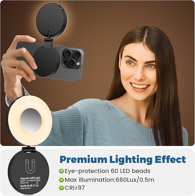 Magnetic Selfie Light, Phone Selfie Ring Light Compatible with iPhone Magsafe, 3-in-1 Magnetic Beauty Selfie Light for Phones with Mirror for Selfies/Photography/TikTok/Zoom Calls/Video Conference - Image 2