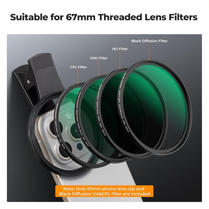 K&F CONCEPT 67mm Clip-on Black Diffusion 1/4 CPL Phone Lens Filter Kit | Mist Cinematic Effect Filter Compatible with iPhone 16 15 14 13 12 11, for Video/Vlog/Portrait Photography, FP101 - Image 4