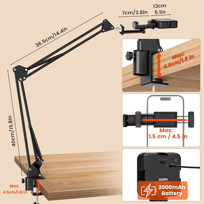 Overhead Phone Mount with LED Selfie Light and Bluetooth Remote, Rechargeable Ring Light Tripod Stand with Flexible Boom Arm, Desk Phone Holder for Video Recording, Live Streaming, TikTok, Vlogging - Image 4