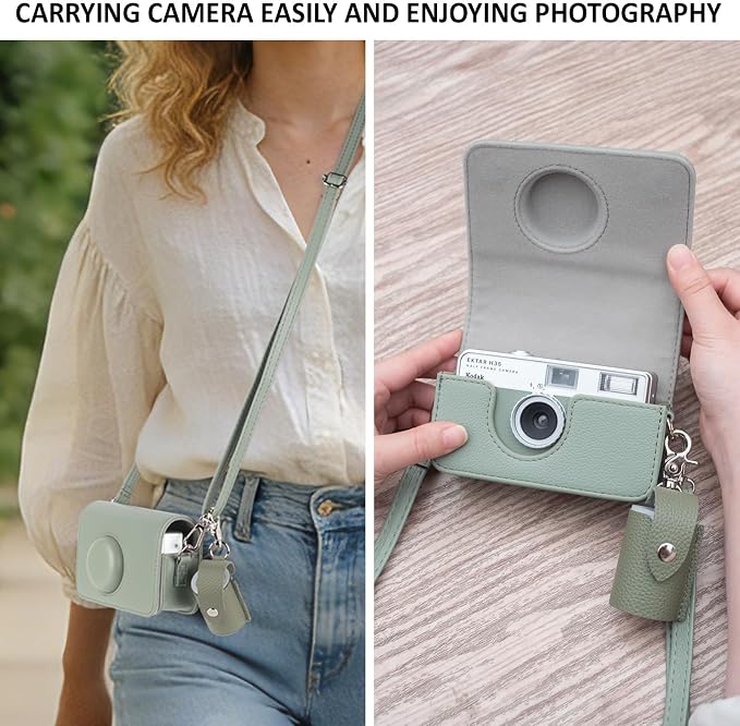 Protective Case Compatible for Kodak EKTAR H35 H35N Half Frame Film Camera, PU Leather Bag for Kodak Ultra F8/F9/VIBE 501F/I60 Camera with Shoulder Strap & 135 Film Storage Case - Green - Image 5