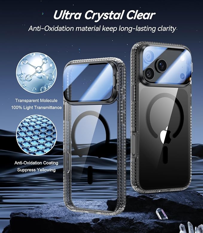 VOFATA [Upgraded Full Camera Protection] for iPhone 17 Pro Case with Camera Cover Stand [Fit for MagSafe][10FT Mil-Grade Protection] Transparent Magnetic iPhone 17 Pro Phone Case, Clear Black - Image 2