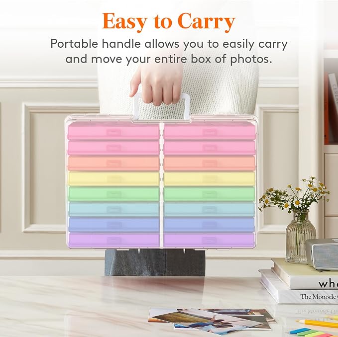 Lifewit 16 Pcs Photo Storage Box for 4"x 6" Pictures, Acid-Free, Multicolor | 1 Pcs Transport Outter Case with Handle& Labels, Container for Cards, Sticker, Seed, Scrapbooking, Craft, Classroom Supplies - Image 8