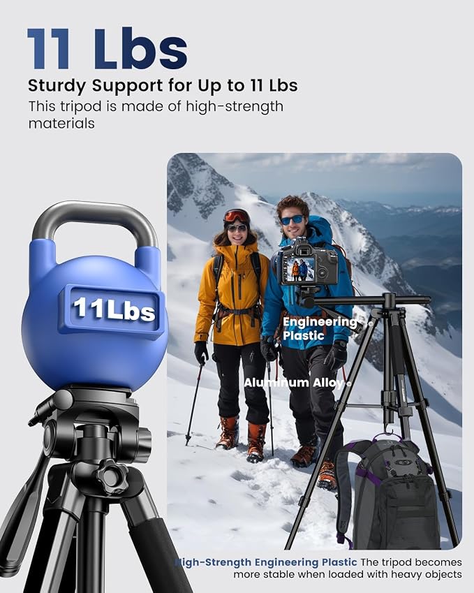 CAMBOFOTO 73" Camera Tripod and Monopod with Horizontal Central Axis | Aluminum Tripod with Sandbag/Phone Holder/Travel Bag, for DSLR/Camcorder/GoPro - Image 2