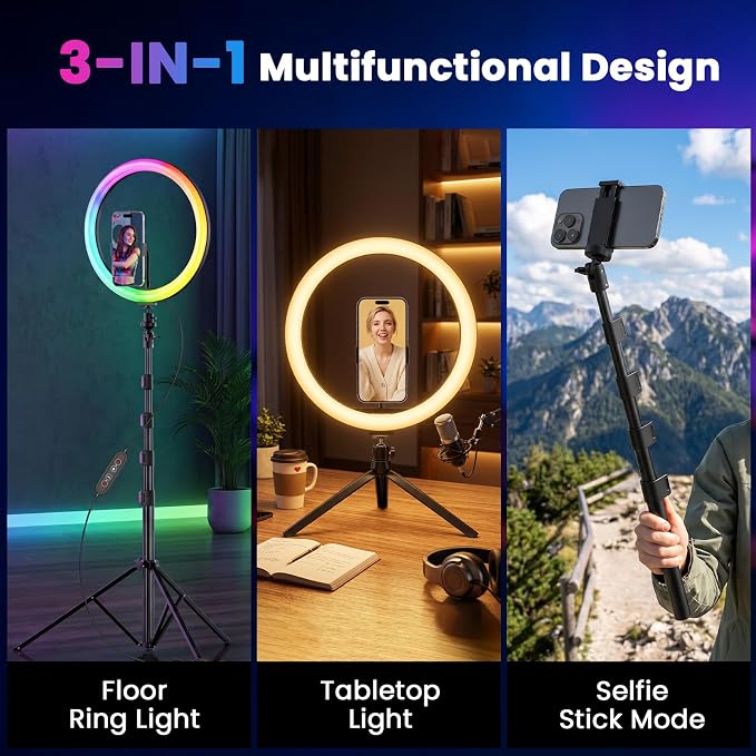 12" Selfie Ring Light with 73" Extendable Tripod Stand and Phone Holder, 38 Color Modes Dimmable RGB Ring Light,3-in-1 Desk & Floor Use for iPhone, Makeup, TikTok, YouTube, Live Streaming - Image 2